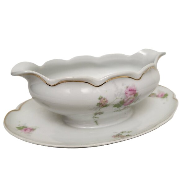 Austrian Carlsbad Handpaint Gold Leaf Gravy Boat  w/Attachd Underplate Antique - Picture 1 of 7